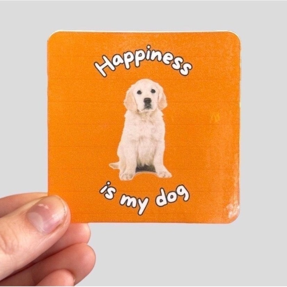 Happiness Is My Dog Golden Retriever Puppy Sticker Orange Square Pet Lover Decal